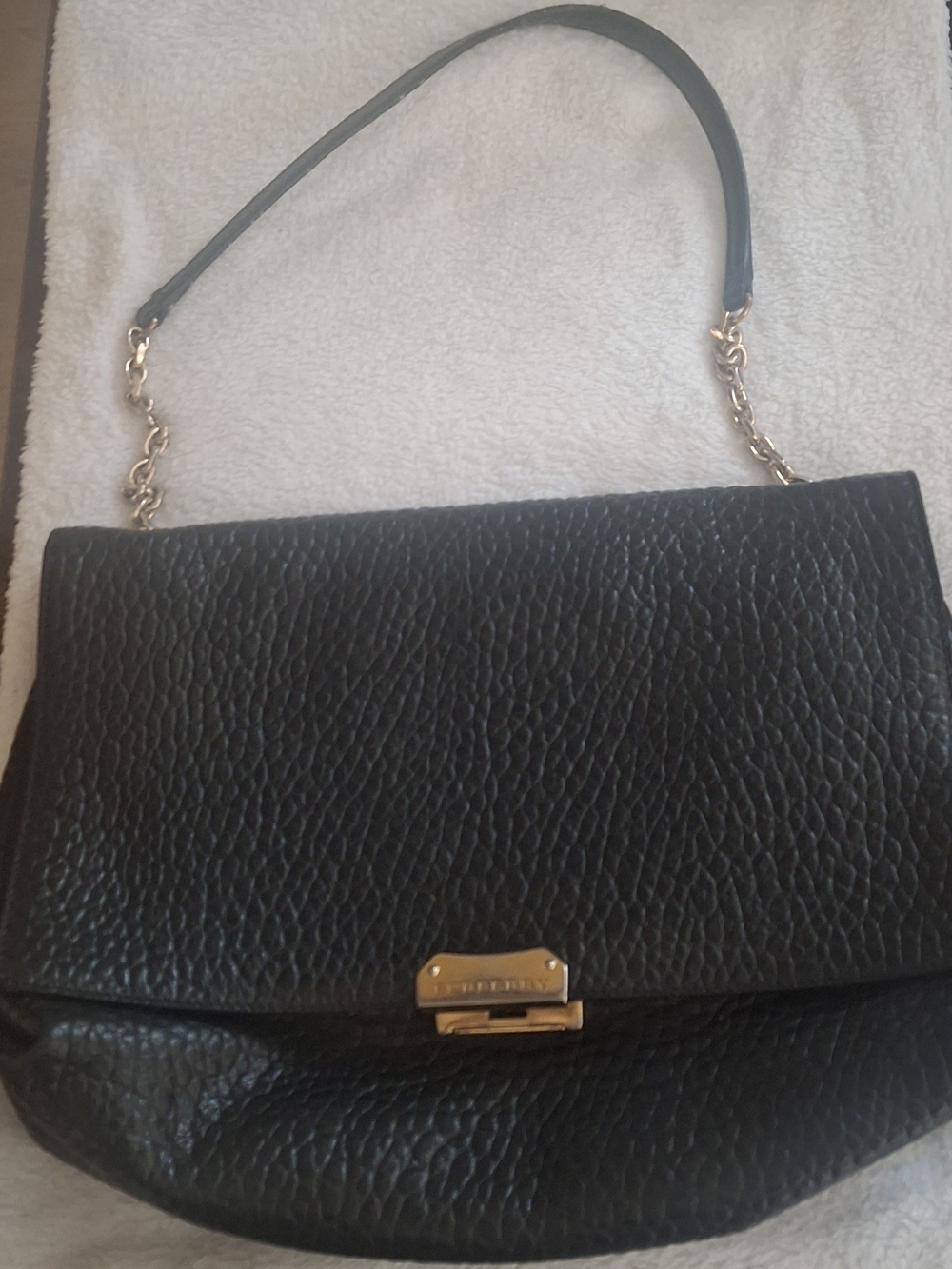 Burberry Black Pebbled Leather Shoulder Bag with Gold Chain Accent